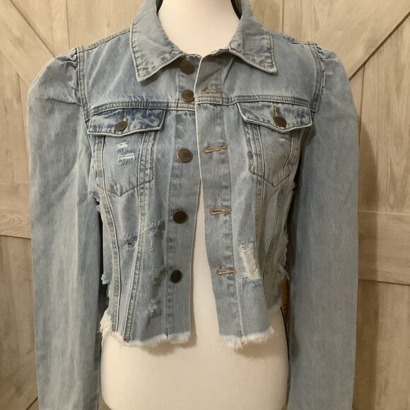 MONO B-PUFFED SLEEVE CROPPED DISTRESSED LIGHT DENIM FALL JACKET-NWT-SIZE- M - Picture 1 of 11